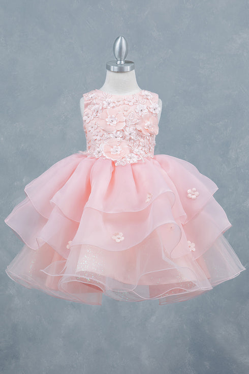 Girls Rhinestone Accent Floral Applique Special Occasion Dress 2-12